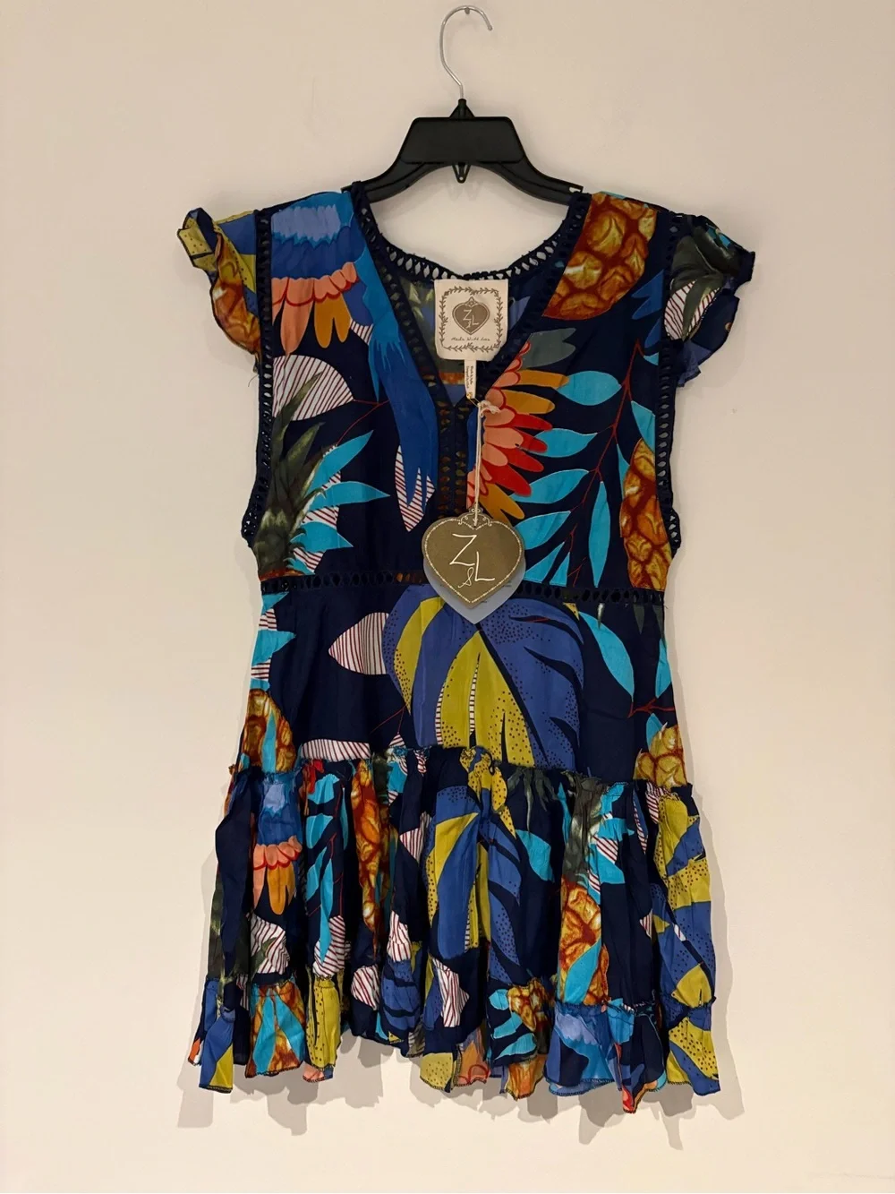 Z&L EUROPE Lace Trimmed Tropical Print Tiered Mini Coverup Dress